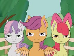 Size: 2048x1536 | Tagged: safe, artist:the crystal artist, derpibooru exclusive, imported from derpibooru, apple bloom, scootaloo, sweetie belle, earth pony, pegasus, pony, unicorn, flight to the finish, bow, cute, cutie mark crusaders, female, fence, filly, foal, hair bow, parody, scene interpretation, scene parody, smiling, spread wings, tree, trio, wings