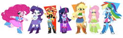 Size: 2180x678 | Tagged: safe, artist:susanarodrigues, imported from derpibooru, applejack, fluttershy, pinkie pie, rainbow dash, rarity, sunset shimmer, twilight sparkle, human, equestria girls, boots, chubby, clothes, diverse body types, female, fit, flexing, humane five, humane seven, humane six, one eye closed, open mouth, open smile, rope, shoes, simple background, skinny, skirt, smiling, thick, white background, wink