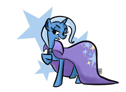 Size: 1084x794 | Tagged: safe, artist:susanarodrigues, imported from derpibooru, pony, unicorn, cape, clothes, missing hat, simple background, solo, trixie's cape, white background