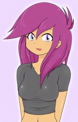 Size: 1400x2177 | Tagged: safe, artist:batipin, imported from derpibooru, scootaloo, human, equestria girls, adult, breasts, busty scootaloo, cute, cute little fangs, cutealoo, fangs, female, older, older scootaloo, open mouth, solo, tomboy