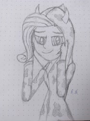 Size: 2992x4000 | Tagged: safe, artist:lukasz, imported from derpibooru, rarity, human, equestria girls, cow horns, cow suit, eyebrows, high res, horns, looking at you, monochrome, raricow, signature, smiling, smiling at you, solo, traditional art