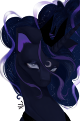 Size: 2300x3493 | Tagged: safe, artist:starlesssky665, imported from derpibooru, princess luna, alicorn, pony, blue eyes, blue mane, bust, crown, digital art, ethereal mane, eyeshadow, female, flowing mane, high res, horn, jewelry, lidded eyes, looking at you, makeup, mare, peytral, portrait, regalia, signature, simple background, solo, starry mane, stars, white background