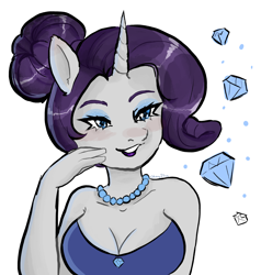 Size: 2480x2600 | Tagged: safe, artist:okay1trin, imported from derpibooru, rarity, anthro, unicorn, alternate hairstyle, bare shoulders, breasts, busty rarity, cleavage, eyeshadow, female, grin, hair bun, jewelry, lidded eyes, lipstick, makeup, mare, necklace, pearl necklace, simple background, smiling, solo, white background