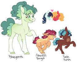 Size: 1280x1032 | Tagged: safe, artist:primrosepaper, imported from derpibooru, big macintosh, coloratura, oc, oc only, oc:bluegrass, oc:sheriff tango, oc:tush push, earth pony, pony, colt, eyes closed, female, filly, foal, heart, male, name, offspring, parent:big macintosh, parent:coloratura, parents:raramac, raramac, running, shipping, siblings, simple background, white background