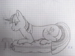 Size: 4000x2992 | Tagged: safe, artist:lukasz, imported from derpibooru, twilight sparkle, pony, unicorn, book, graph paper, monochrome, reading, solo, traditional art, unicorn twilight