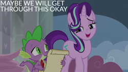 Size: 1920x1080 | Tagged: safe, edit, edited screencap, editor:quoterific, imported from derpibooru, screencap, spike, starlight glimmer, dragon, pony, unicorn, a matter of principals, season 8, spoiler:s08, dragon wings, duo, duo male and female, eyebrows, female, folded wings, looking at each other, looking at someone, male, mare, open mouth, open smile, paper, quill, smiling, smiling at each other, talking, winged spike, wings