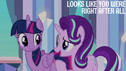 Size: 2000x1125 | Tagged: safe, edit, edited screencap, editor:quoterific, imported from derpibooru, screencap, starlight glimmer, twilight sparkle, alicorn, pony, unicorn, the times they are a changeling, twilight sparkle (alicorn)