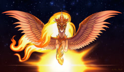 Size: 1280x748 | Tagged: safe, artist:ulna_moon, imported from derpibooru, daybreaker, alicorn, pony, armor, crown, digital art, ethereal mane, ethereal tail, feather, female, fire, flowing mane, flowing tail, flying, gem, glowing, goddess, helmet, hoof shoes, horn, jewelry, large wings, looking at you, mane of fire, mare, peytral, regalia, solo, space, spread wings, stars, sun, sunlight, tail, wing armor, wings, yellow eyes