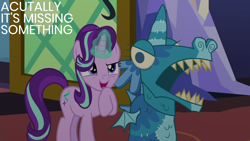 Size: 1920x1080 | Tagged: safe, edit, edited screencap, editor:quoterific, imported from derpibooru, screencap, starlight glimmer, uncommon bond, dragon costume, solo, twilight's castle