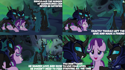 Size: 2000x1125 | Tagged: safe, edit, edited screencap, editor:quoterific, imported from derpibooru, screencap, queen chrysalis, starlight glimmer, changeling, pony, unicorn, to where and back again, armor, changeling armor, changeling guard