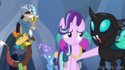 Size: 520x293 | Tagged: safe, imported from derpibooru, screencap, discord, starlight glimmer, thorax, trixie, changeling, draconequus, pony, unicorn, season 6, to where and back again, animated, bag, clothes, comforting, female, frown, gif, gifrun.com, group, hat, hyperventilating, insect wings, male, mare, mismatched wings, open mouth, quartet, raised hoof, reformed four, scared, scarf, spread wings, teeth, trixie's hat, wings, worried