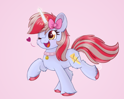 Size: 2522x2020 | Tagged: safe, artist:msaniiart, imported from derpibooru, oc, oc only, oc:cinnamon lightning, pony, unicorn, bell, bell collar, collar, cute, female, glowing, glowing horn, high res, horn, magic, magic aura, mare, ocbetes, open mouth, pink background, simple background, solo, unicorn oc, unshorn fetlocks