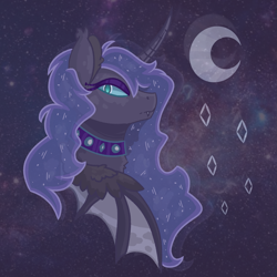 Size: 4075x4068 | Tagged: safe, artist:polishpigeon, imported from derpibooru, princess luna, alicorn, bat pony, bat pony alicorn, pony, absurd resolution, bat eyes, bat ponified, bat wings, blue background, blue eyes, blue mane, bust, crescent moon, curved horn, digital art, ethereal mane, eyelashes, eyeshadow, fangs, feather, female, flowing mane, high res, horn, lidded eyes, looking at you, lunabat, makeup, mare, moon, night, poem in the description, portrait, race swap, simple background, sky, solo, stars, wings