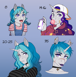 Size: 2007x2040 | Tagged: safe, artist:askbubblelee, imported from derpibooru, oc, oc only, oc:bubble lee, anthro, unicorn, age progression, alternate universe, anthro oc, bubblegum, choker, digital art, female, filly, foal, food, freckles, gradient background, gum, hat, horn, mare, older, open mouth, piercing, short hair, short mane, solo, spray can, teenager, unicorn oc, willowverse