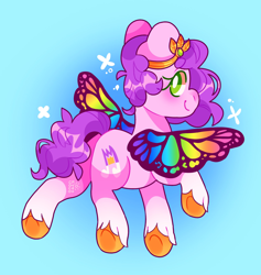 Size: 2500x2639 | Tagged: safe, artist:cocopudu, imported from derpibooru, pipp petals, butterfly, butterfly pony, hybrid, pegasus, pony, butt, butterfly wings, female, flying, g5, gradient background, looking at you, looking back, looking back at you, mare, plot, rear view, smiling, solo, spread wings, tail, toy interpretation, underhoof, unshorn fetlocks, wings