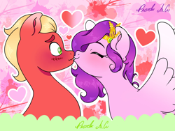 Size: 2048x1536 | Tagged: safe, artist:pearl a.g, imported from derpibooru, pipp petals, sprout cloverleaf, earth pony, pegasus, pony, adorapipp, blushing, cute, duo, duo male and female, eyes closed, female, floating heart, g5, heart, holiday, jewelry, kiss on the lips, kissing, male, mare, pippsprout, shipping, signature, spread wings, sproutbetes, stallion, straight, tiara, valentine's day, wings