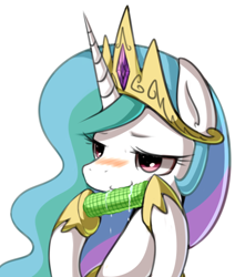 Size: 874x1029 | Tagged: safe, alternate version, artist:maren, imported from derpibooru, princess celestia, alicorn, pony, 2013, blushing, bust, corn, crown, drool, eating, female, food, herbivore, holding, hoof shoes, horn, jewelry, mare, old art, regalia, simple background, smiling, solo, white background