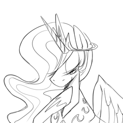 Size: 1200x1200 | Tagged: safe, artist:maren, imported from derpibooru, princess celestia, alicorn, pony, 2013, bust, crown, doodle, female, hoof shoes, horn, jewelry, lidded eyes, looking down, mare, monochrome, old art, peytral, pointing at self, regalia, simple background, smiling, solo, spread wings, white background, wings