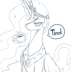Size: 959x973 | Tagged: safe, artist:maren, imported from derpibooru, princess celestia, alicorn, pony, 2014, coffee, coffee mug, crown, dialogue, female, folded wings, frown, glowing, glowing horn, horn, jewelry, levitation, lidded eyes, magic, mare, monochrome, mug, old art, peytral, regalia, simple background, sitting, solo, speech bubble, telekinesis, tired, white background, wings