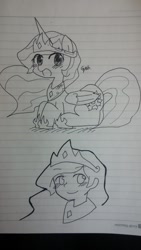 Size: 585x1040 | Tagged: safe, artist:gyaheung, imported from derpibooru, princess celestia, alicorn, human, pony, equestria girls, blushing, doodle, female, jewelry, lined paper, lying down, mare, open mouth, open smile, prone, regalia, self paradox, self ponidox, smiling, solo, traditional art