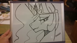 Size: 2080x1170 | Tagged: safe, artist:maren, imported from derpibooru, princess celestia, alicorn, pony, 2017, bedroom eyes, bust, female, lip bite, looking sideways, mare, marker drawing, old art, portrait, solo, traditional art