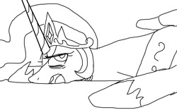 Size: 1008x630 | Tagged: safe, artist:maren, imported from derpibooru, princess celestia, alicorn, pony, 2017, bust, crown, doodle, exhausted, female, hoof shoes, horn, jewelry, looking up, lying down, mare, old art, open mouth, peytral, prone, regalia, simple background, solo, white background, wings