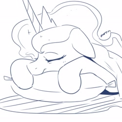 Size: 2600x2600 | Tagged: safe, artist:maren, imported from derpibooru, princess luna, alicorn, pony, 2020, bust, crown, doodle, eyes closed, female, floppy ears, horn, jewelry, lying down, mare, monochrome, old art, pillow, prone, regalia, simple background, sleeping, solo, white background