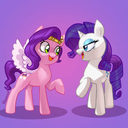 Size: 2500x2500 | Tagged: safe, artist:hexecat, imported from derpibooru, pipp petals, rarity, pegasus, pony, unicorn, adorapipp, colored wings, crown, cute, duo, duo female, eye contact, eyeshadow, female, g4, g5, generational ponidox, gradient background, jewelry, lidded eyes, looking at each other, looking at someone, makeup, mare, open mouth, open smile, pipp and her heroine, raised hoof, regalia, shadow, skinny pipp, smiling, smiling at each other, spread wings, tail, wings