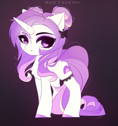 Size: 2401x2569 | Tagged: safe, artist:red_tsukini, imported from derpibooru, oc, oc only, oc:dainty dove, pony, unicorn, commission, ear piercing, earring, eyeshadow, female, garter, gradient background, high res, jewelry, makeup, mare, piercing, signature, solo, unshorn fetlocks