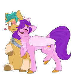 Size: 3257x3364 | Tagged: safe, artist:sharkythecrow, imported from derpibooru, hitch trailblazer, pipp petals, earth pony, pegasus, pony, adorapipp, badge, blushing, cute, duo, duo male and female, eyes closed, female, floating heart, fluffy, folded wings, g5, happy, heart, hitchbetes, hitchpipp, male, mare, nuzzling, open mouth, open smile, raised hoof, raised leg, sash, sheriff's badge, shipping, simple background, sitting, smiling, stallion, straight, tail, unshorn fetlocks, white background, wings