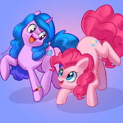 Size: 2500x2500 | Tagged: safe, artist:hexecat, imported from derpibooru, izzy moonbow, pinkie pie, earth pony, pony, unicorn, ass up, bracelet, duo, duo female, female, friendship bracelet, g4, g5, generational ponidox, izzy and her heroine, jewelry, looking at each other, looking at someone, mare, open mouth, open smile, raised hoof, smiling