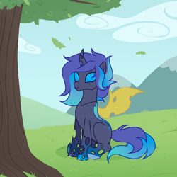 Size: 3000x3000 | Tagged: safe, artist:nika-rain, imported from derpibooru, oc, oc only, changeling, pony, changeling oc, commission, leaves, mountain, show accurate, solo, tree