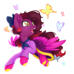 Size: 2003x2003 | Tagged: safe, artist:squirrel, imported from derpibooru, oc, oc only, oc:cassandra carat, butterfly, pegasus, bow, clothes, dress, female, flying, hair bow, happy, mare, pegasus oc, scarf, simple background, solo, white background, wingding eyes