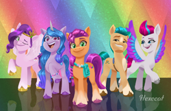 Size: 4054x2622 | Tagged: safe, artist:hexecat, imported from derpibooru, hitch trailblazer, izzy moonbow, pipp petals, sunny starscout, zipp storm, earth pony, pegasus, pony, unicorn, adorapipp, adorazipp, bracelet, colored wings, cute, eyebrows, female, friendship bracelet, g5, grin, group, high res, jewelry, looking at you, male, mane five (g5), mare, multicolored wings, my little pony: a new generation, one eye closed, open mouth, open smile, quintet, raised hoof, royal sisters (g5), sash, sheriff's badge, siblings, signature, sisters, smiling, smiling at you, spread wings, stallion, unshorn fetlocks, wings, wink, winking at you