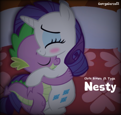 Size: 1000x952 | Tagged: safe, artist:edy_january, artist:georgegarza01, imported from derpibooru, rarity, spike, dragon, unicorn, album, album cover, background used, chris brown, eyes closed, fans, female, hug, hug sleep, link in description, love, male, music, nesty ( songs ), parody, romance, romantic, room, shipping, sleeping, song, sparity, straight, text, tyga