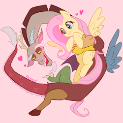 Size: 2000x2000 | Tagged: safe, artist:hexecat, imported from derpibooru, discord, fluttershy, draconequus, pegasus, pony, discoshy, duo, duo male and female, eyebrows, female, floating heart, grin, heart, high res, holding a pony, hug, lidded eyes, looking at each other, looking at someone, male, mare, mismatched wings, open mouth, open smile, pink background, shipping, signature, simple background, smiling, smiling at each other, spread wings, straight, wings