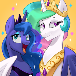 Size: 2500x2500 | Tagged: safe, artist:hexecat, imported from derpibooru, princess celestia, princess luna, alicorn, pony, bust, crown, duo, duo female, eyebrows, female, g4, happy, high res, hug, jewelry, mare, open mouth, open smile, regalia, royal sisters, siblings, signature, simple background, sisters, smiling, sparkles, winghug, wings, yellow background