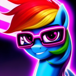 Size: 512x512 | Tagged: safe, imported from derpibooru, rainbow dash, pegasus, pony, abstract background, ai content, ai generated, bust, female, generator:purplesmart.ai, generator:stable diffusion, glasses, looking at you, mane, mare, pink eyes, solo