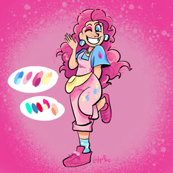 Size: 2000x2000 | Tagged: safe, artist:carconutty, imported from derpibooru, pinkie pie, human, apron, boots, clothes, ear piercing, earring, eyeshadow, female, grin, humanized, jewelry, makeup, one eye closed, pants, piercing, reference sheet, shirt, shoes, smiling, socks, solo, t-shirt, wink