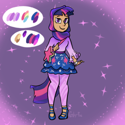 Size: 2000x2000 | Tagged: safe, artist:carconutty, imported from derpibooru, twilight sparkle, human, alternate hairstyle, bag, clothes, cute, female, high heels, hijab, humanized, islam, leggings, reference sheet, shirt, shoes, skirt, solo, tan skin, twiabetes