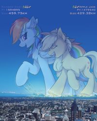 Size: 1556x1947 | Tagged: safe, artist:ravistdash, imported from derpibooru, applejack, rainbow dash, earth pony, pegasus, pony, chest fluff, city, cowboy hat, destruction, ear fluff, female, giant pony, giantess, growth drive, hat, macro, mare, stetson, text, underhoof