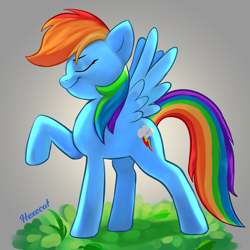 Size: 2500x2500 | Tagged: safe, artist:hexecat, imported from derpibooru, rainbow dash, pegasus, pony, eyebrows, eyes closed, female, high res, mare, rainbow dash day, raised hoof, signature, smiling, smirk, solo, spread wings, wings