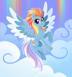 Size: 3288x3500 | Tagged: safe, artist:kabuvee, imported from derpibooru, oc, oc only, oc:twister shot, pegasus, pony, colored wings, female, flying, mare, multicolored wings, rainbow waterfall, solo, wings