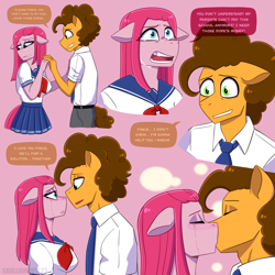 Size: 2048x2048 | Tagged: safe, artist:shallowwin, imported from derpibooru, cheese sandwich, pinkie pie, anthro, earth pony, blushing, canon ship, cheesepie, clothes, crying, dialogue, female, kissing, love, male, pinkamena diane pie, sad, school uniform, shipping, skirt, straight, uniform