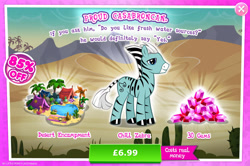 Size: 1962x1301 | Tagged: safe, imported from derpibooru, zebra, advertisement, cactus, chill zebra, cloven hooves, coconut, costs real money, english, food, gameloft, gem, male, mobile game, my little pony: magic princess, numbers, official, palm tree, pillow, sale, solo, solo focus, stallion, tent, text, tree, unnamed character, unnamed zebra, water