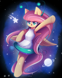 Size: 1850x2300 | Tagged: safe, artist:miryelis, imported from derpibooru, fluttershy, alien, pegasus, pony, clothes, costume, cute, full body, long hair, looking at you, planet, raised hoof, smiling, smiling at you, solo, space, stars, wings