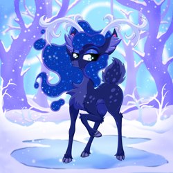 Size: 2500x2500 | Tagged: safe, artist:rurihal, imported from derpibooru, princess luna, deer, reindeer, blue mane, chest fluff, cloven hooves, cute, deerified, digital art, ear fluff, ethereal mane, eyelashes, eyeshadow, female, flowing mane, green eyes, high res, ice, makeup, mare, raised hoof, reindeerified, snow, solo, species swap, starry mane, tree, unshorn fetlocks