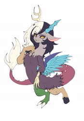 Size: 1151x1654 | Tagged: safe, artist:plusplus_pony, imported from derpibooru, discord, draconequus, antlers, black hair, eris, hand on chest, horn, rule 63, simple background, snaggletooth, solo, translation request, white background, white hair