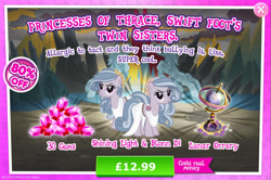 Size: 1964x1301 | Tagged: safe, imported from derpibooru, blonn di, earth pony, pony, advertisement, clothes, costs real money, english, female, gameloft, gem, mare, my little pony: magic princess, numbers, official, sale, shining light (g4), siblings, text, thracian, twins