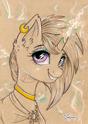 Size: 1024x1444 | Tagged: safe, artist:lailyren, imported from derpibooru, oc, oc only, oc:ion trail, pony, unicorn, cheeky, clothes, ear fluff, ear piercing, earring, electricity, eyebrows, eyeshadow, freckles, horn, jewelry, makeup, piercing, robe, smiling, smirk, solo, unicorn oc, wingding eyes